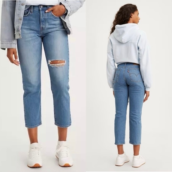 Levi’s Premium Wedgie Straight Jeans Jive Tone Blue Ripped Knee Cropped Ankle 24 - Picture 5 of 16
